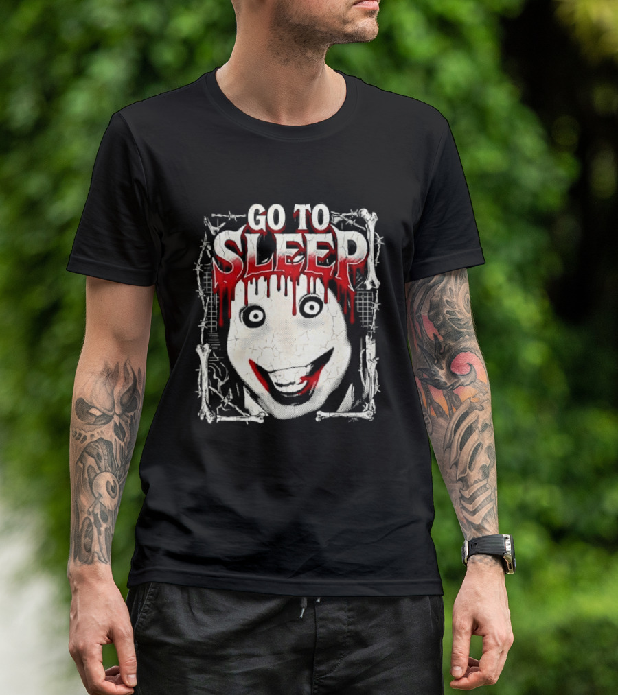 Go To Sleep Creepy Pale Face Bloody Smile Barbed Wire Bones T-Shirt