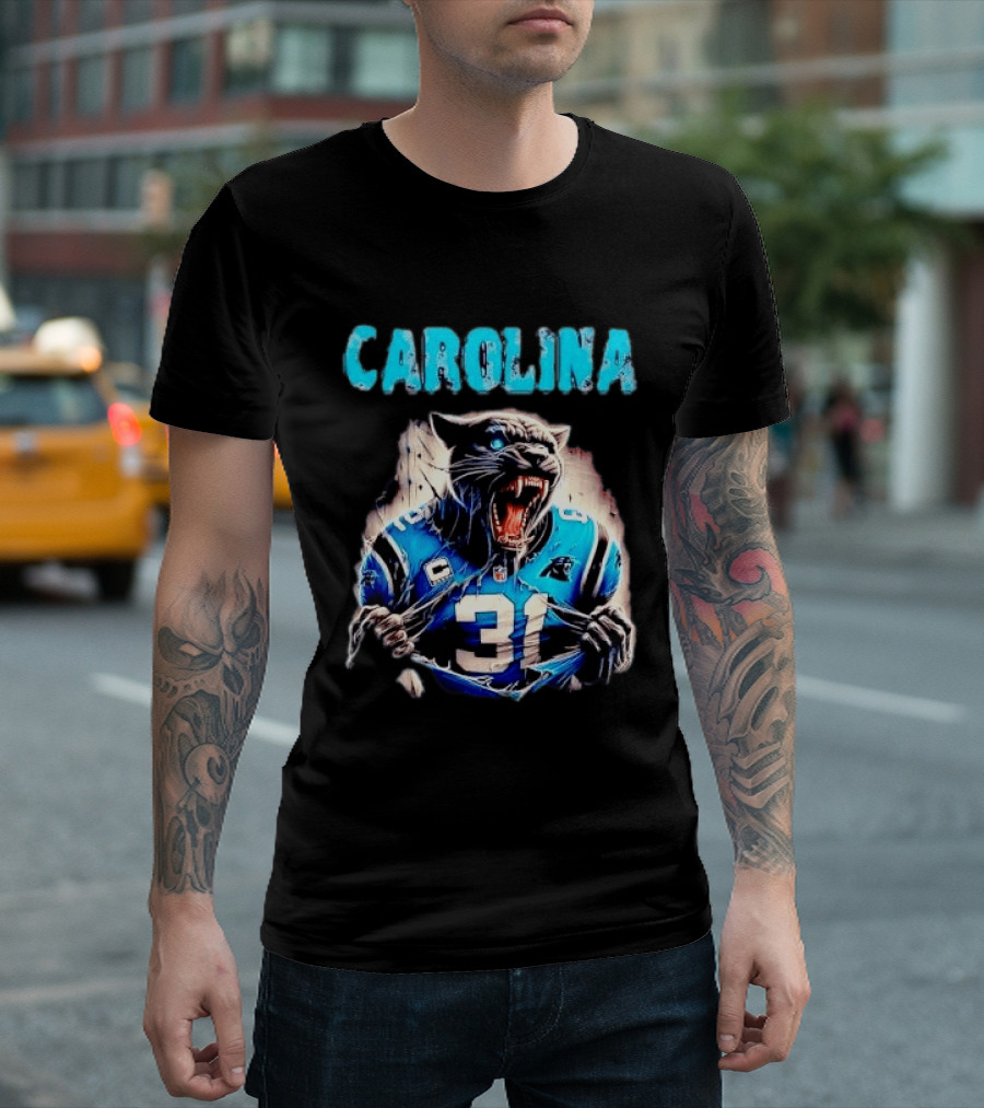 Carolina Panthers Snarling Beast Tearing Blue Jersey 31 T-Shirt