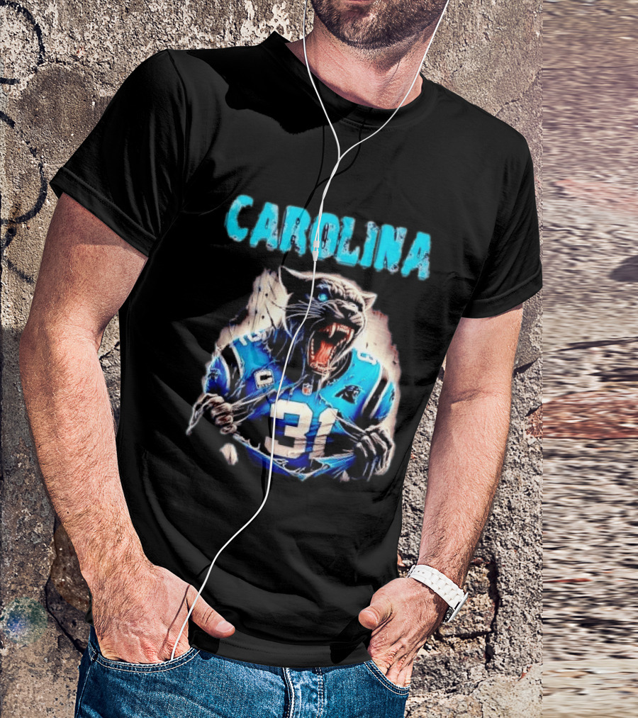 Carolina Panthers Snarling Beast Tearing Blue Jersey 31 T-Shirt