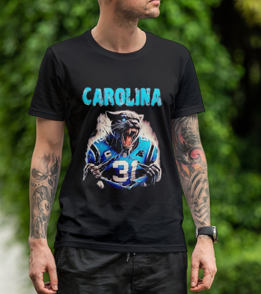 Carolina Panthers Snarling Beast Tearing Blue Jersey 31 T-Shirt
