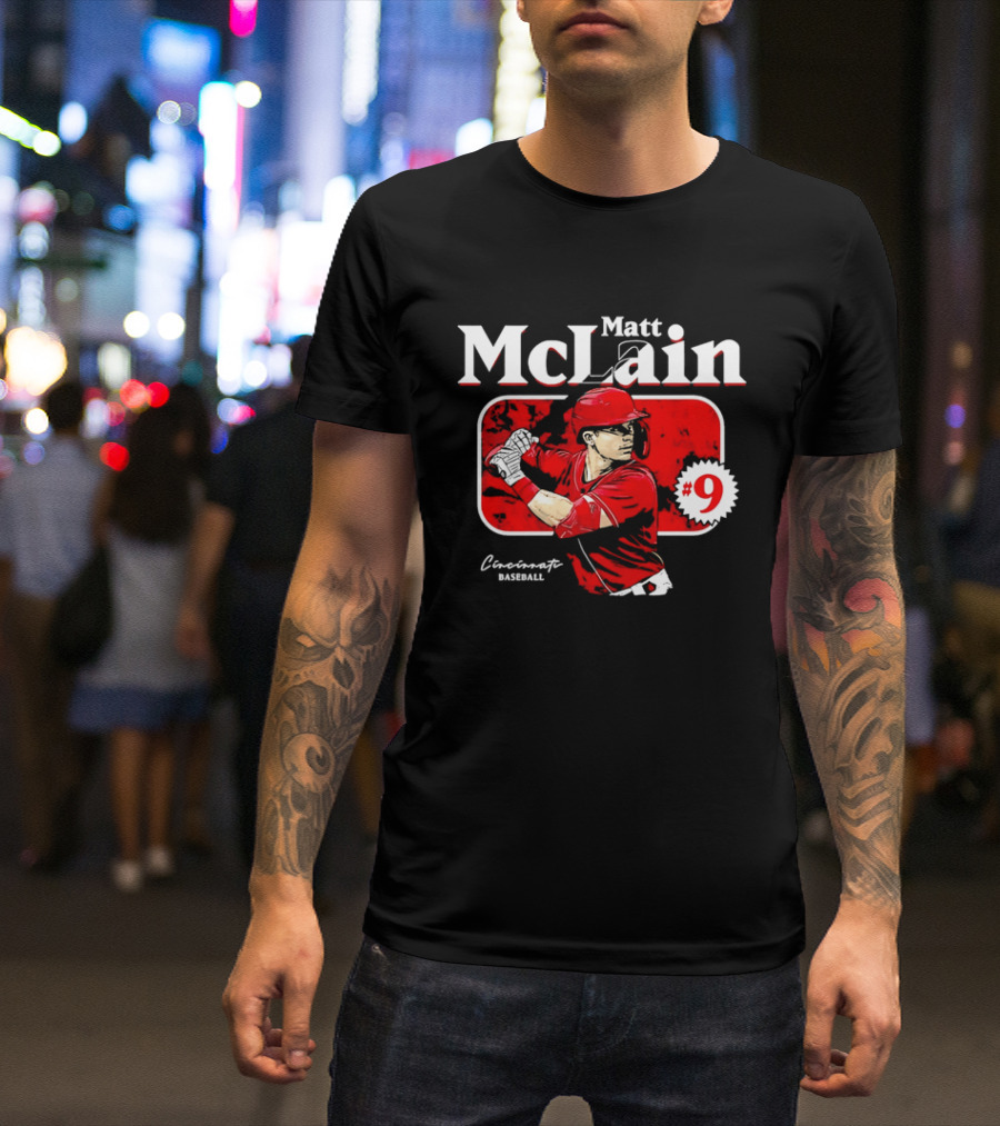 Matt McLain Cincinnati Baseball Number 9 Batter Stance Red Frame T-Shirt