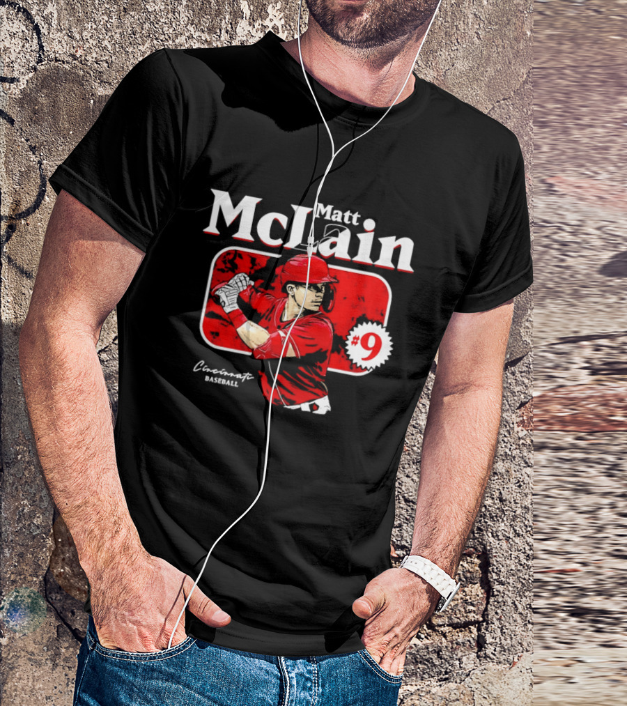 Matt McLain Cincinnati Baseball Number 9 Batter Stance Red Frame T-Shirt