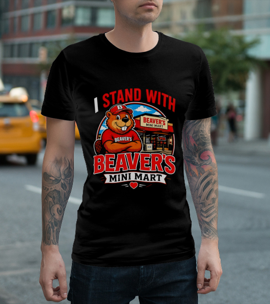 I Stand With Beaver's Mini Mart Cartoon Character Storefront T-Shirt