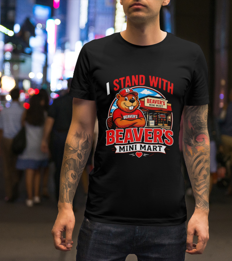 I Stand With Beaver's Mini Mart Cartoon Character Storefront T-Shirt
