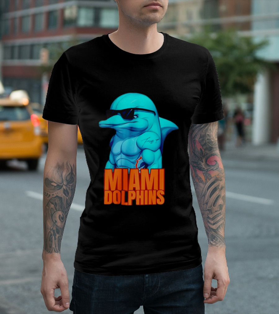 Miami Dolphins Fins Up Muscular Cartoon Sunglasses Tattoo T-Shirt