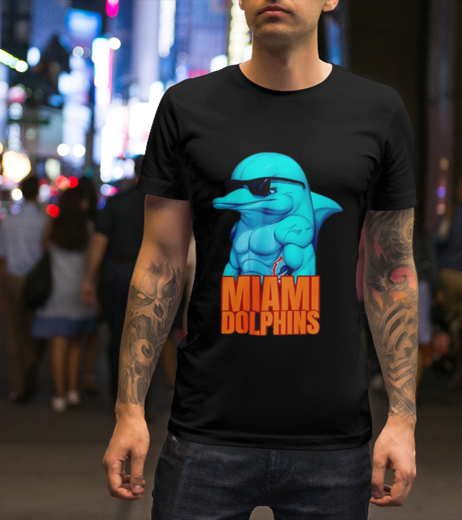 Miami Dolphins Fins Up Muscular Cartoon Sunglasses Tattoo T-Shirt
