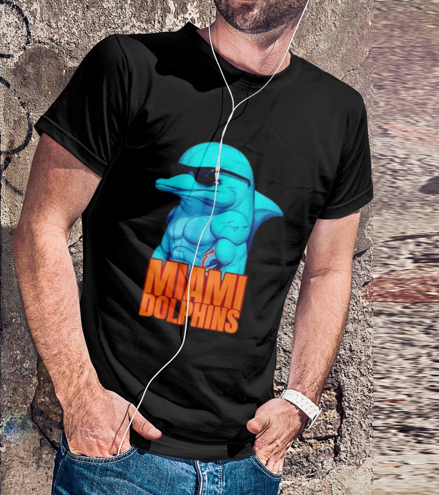 Miami Dolphins Fins Up Muscular Cartoon Sunglasses Tattoo T-Shirt