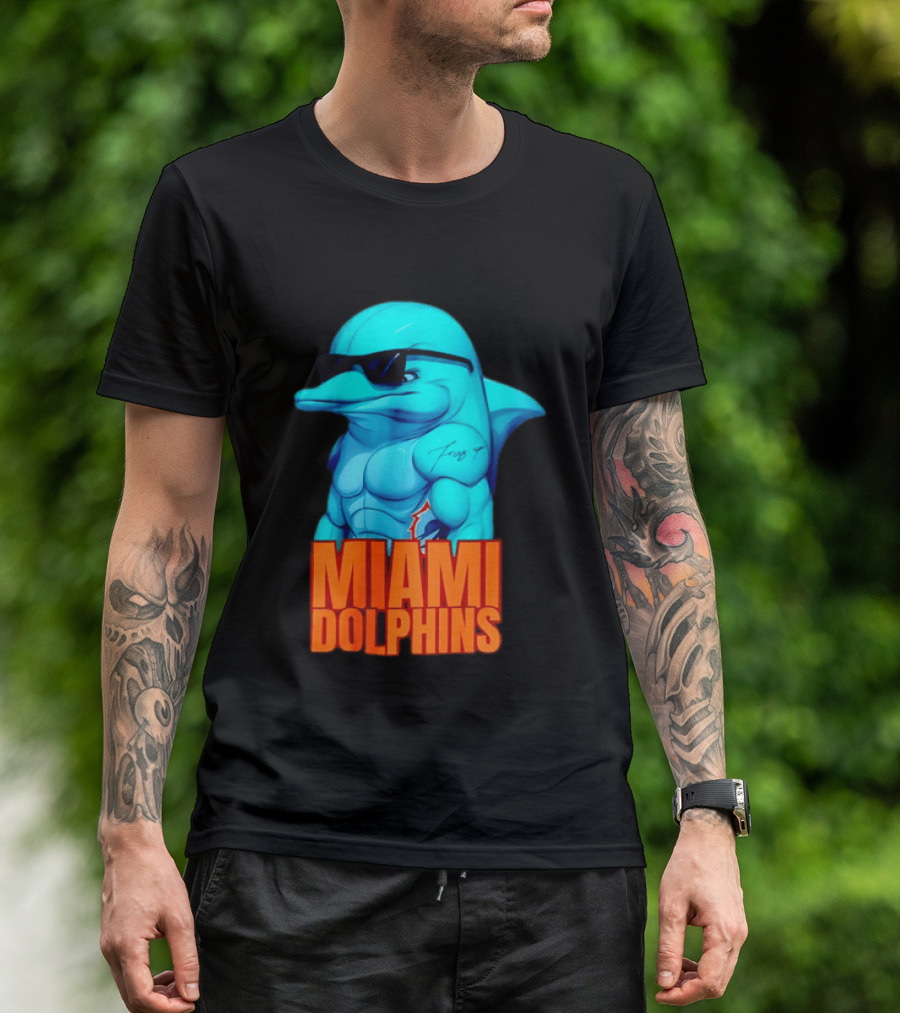 Miami Dolphins Fins Up Muscular Cartoon Sunglasses Tattoo T-Shirt