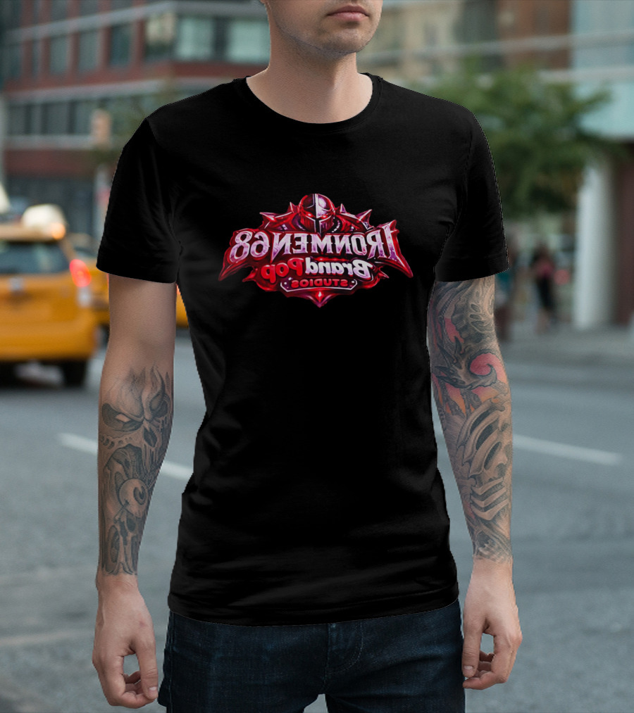 Ironmen 68 Brand Pop Studios Armored Knight Helmet Red Glowing Eyes T-Shirt