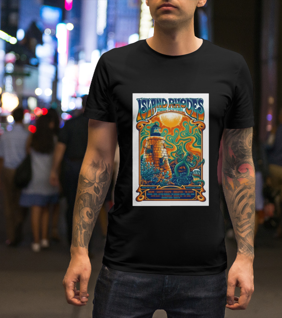 Island Rhodes Music Festival 2026 Lighthouse Octopus Art Pawtucket Rhode Island Sublime Slightly Stoopid August 15 16 T-Shirt
