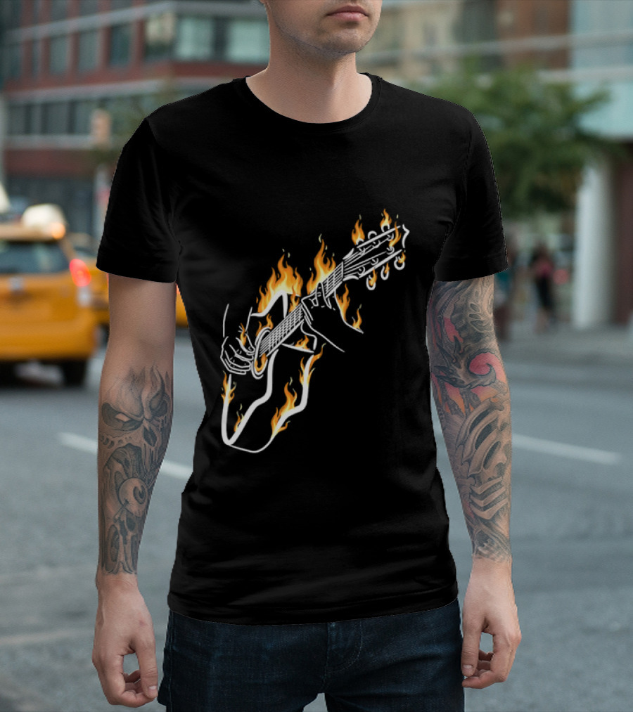 Musician Hands Flaming Acoustic Guitar White Line Artistry T-Shirt