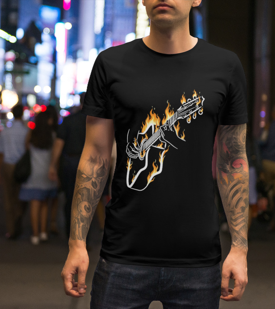 Musician Hands Flaming Acoustic Guitar White Line Artistry T-Shirt