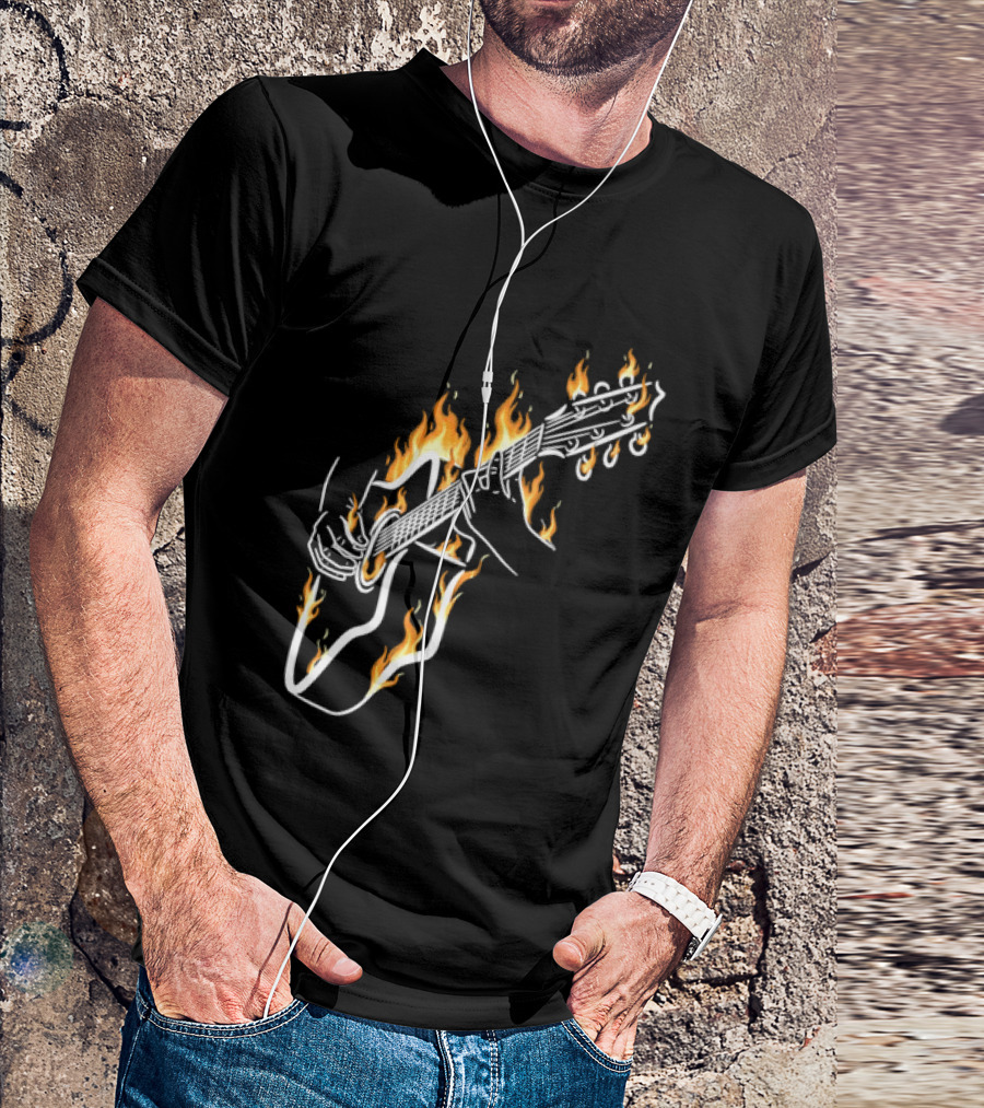 Musician Hands Flaming Acoustic Guitar White Line Artistry T-Shirt