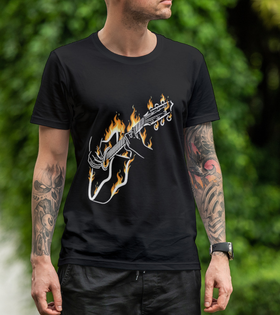 Musician Hands Flaming Acoustic Guitar White Line Artistry T-Shirt