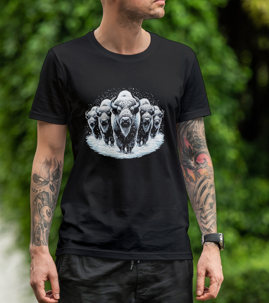 Five Snowbound American Bison Herd Winter Blizzard Snowdrift T-Shirt