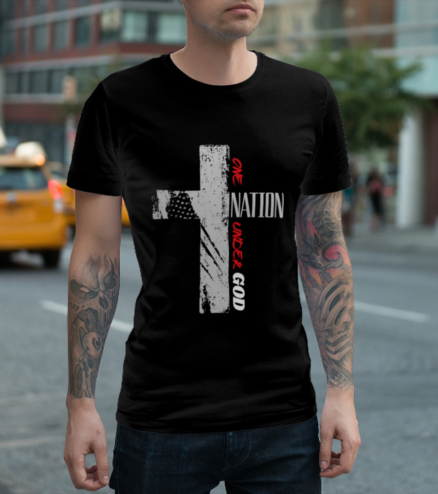 One Nation Under God Distressed Cross American Flag Stars T-Shirt