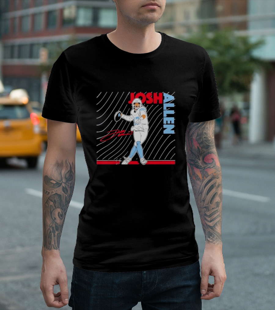 Josh Allen Quarterback Throwing Football Wavy Line Illustration With Bold Name T-Shirt