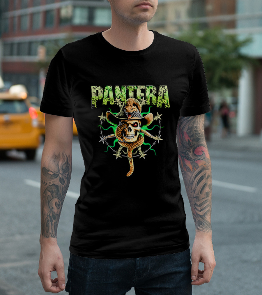 Pantera Rattlesnake Coiled Skull Cowboy Hat Green Glow T-Shirt