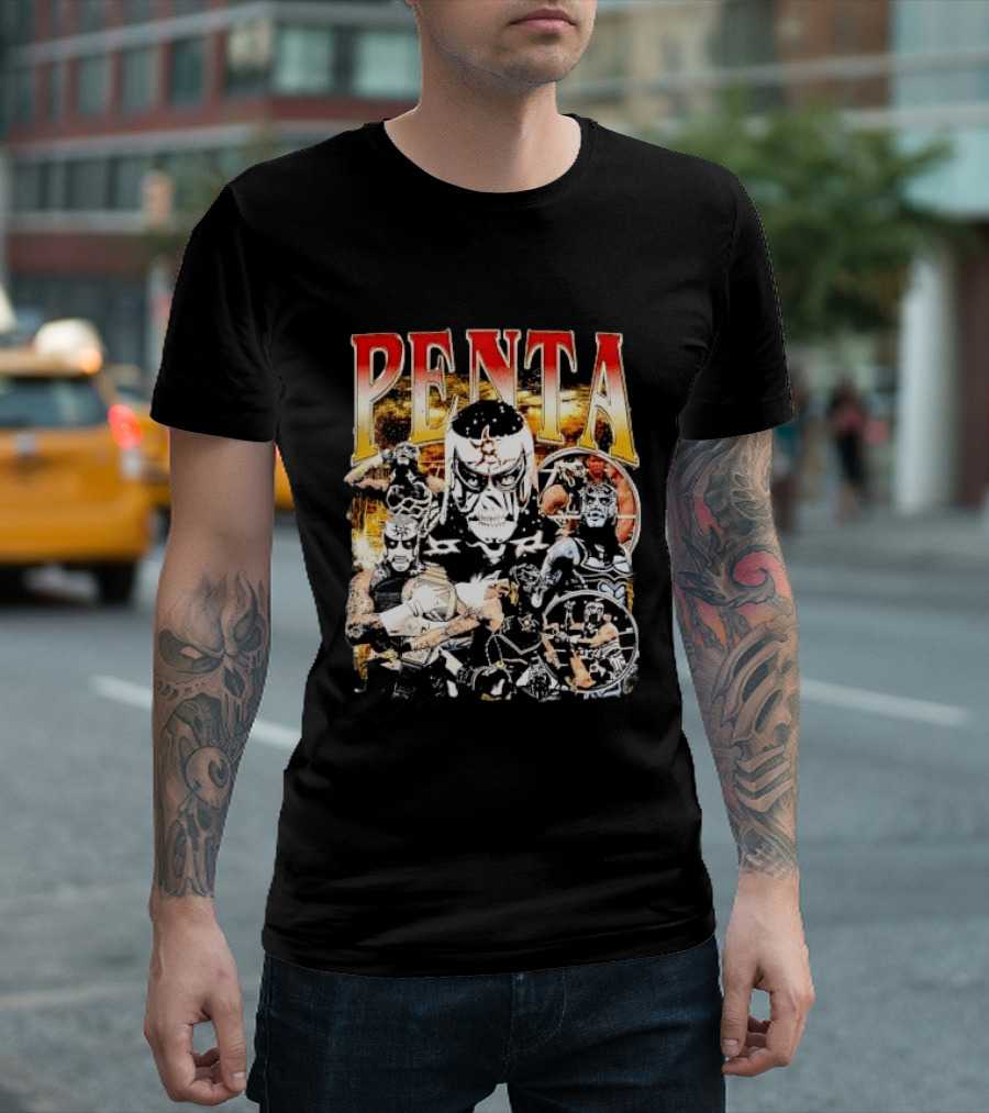 Penta Masked Luchador Wrestler Belt Photo Collage Bootleg T-Shirt