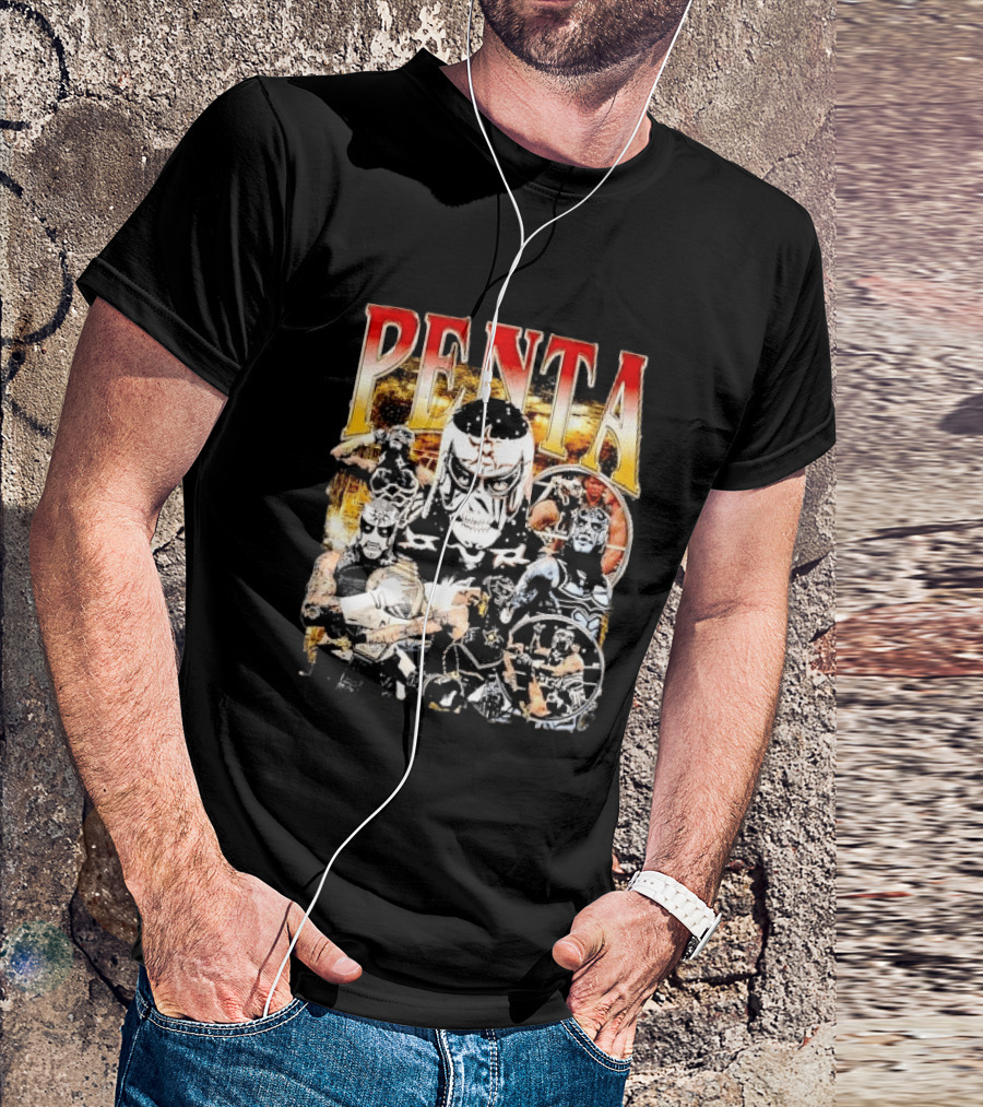 Penta Masked Luchador Wrestler Belt Photo Collage Bootleg T-Shirt