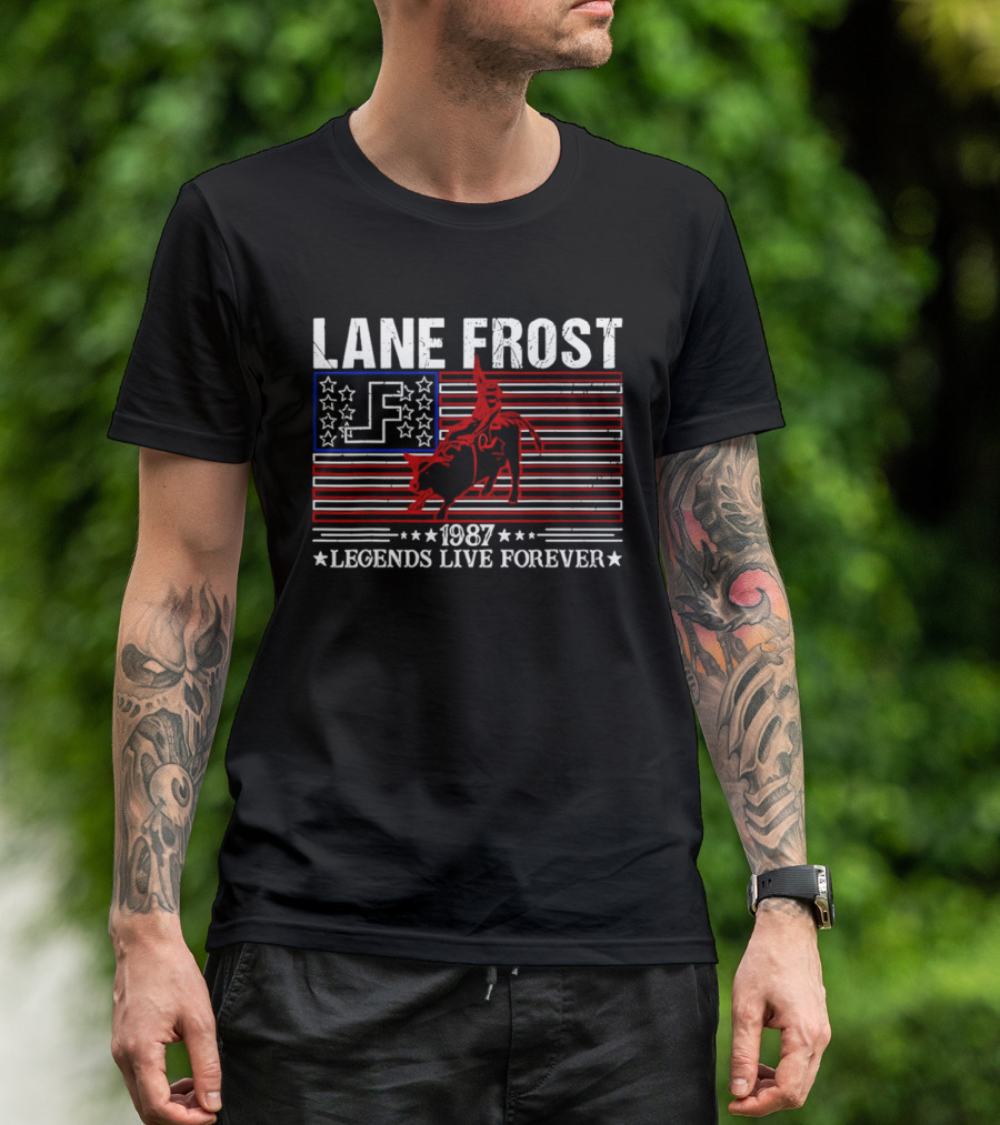 Lane Frost 1987 Legends Live Forever Rodeo US Flag T-Shirt