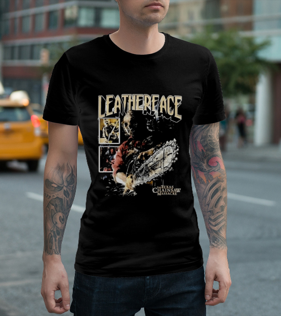 Leatherface Texas Chainsaw Massacre Horror Collage Holding Saw T-Shirt