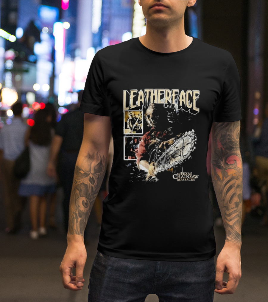 Leatherface Texas Chainsaw Massacre Horror Collage Holding Saw T-Shirt