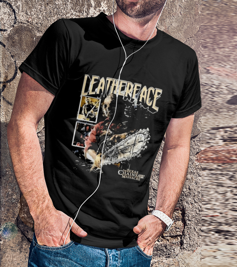 Leatherface Texas Chainsaw Massacre Horror Collage Holding Saw T-Shirt