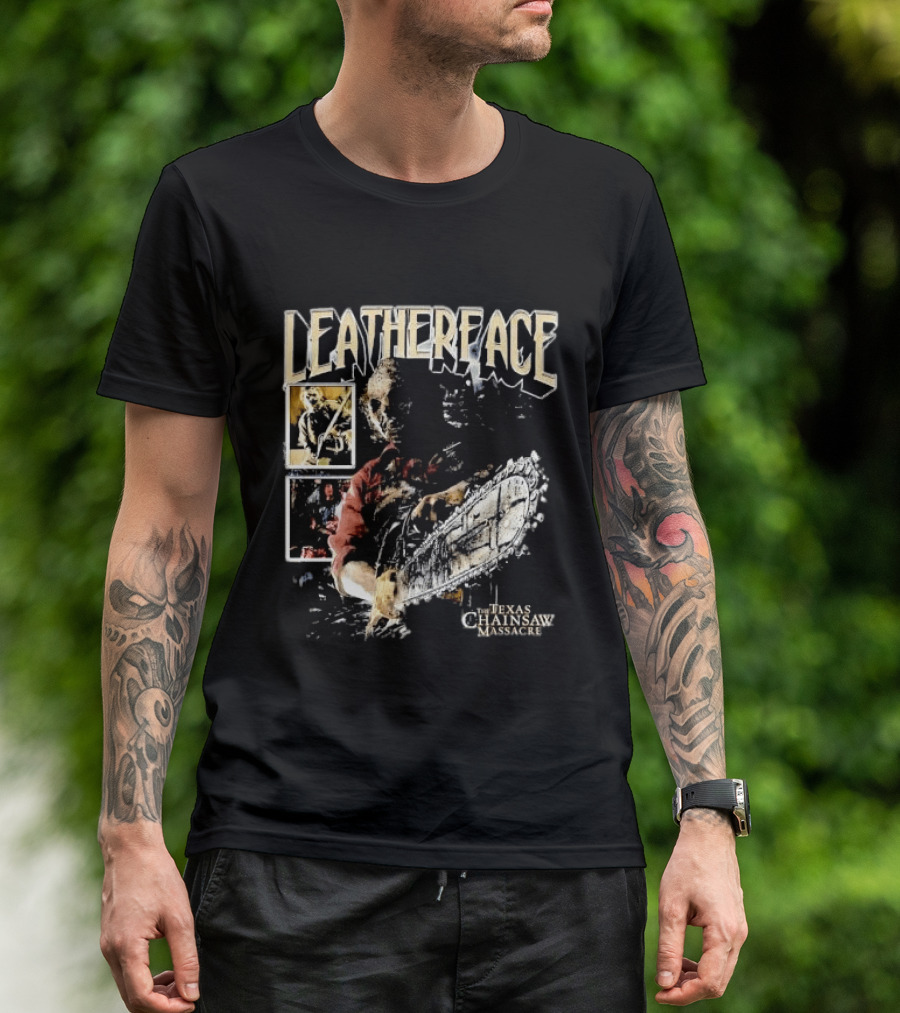 Leatherface Texas Chainsaw Massacre Horror Collage Holding Saw T-Shirt