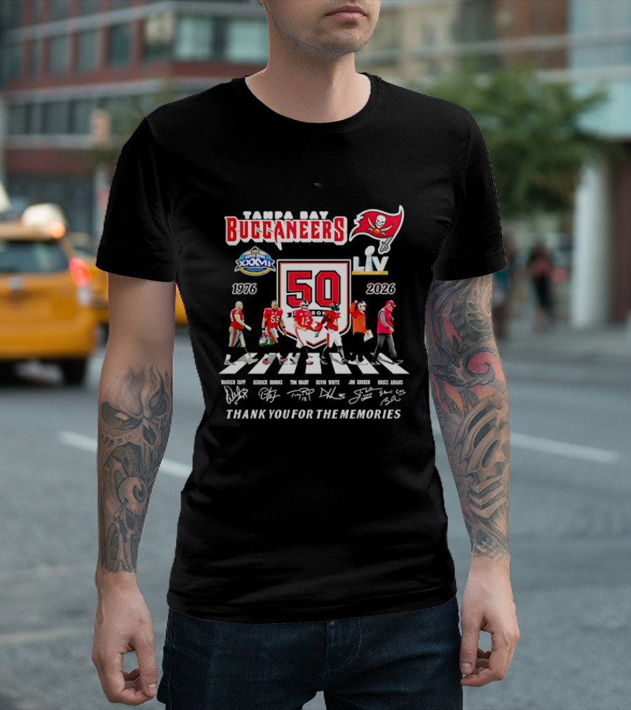 Tampa Bay Buccaneers 50th Anniversary Thank You For The Memories Warren Sapp Derrick Brooks Abbey Road Crosswalk 1976 2026 T-Shirt