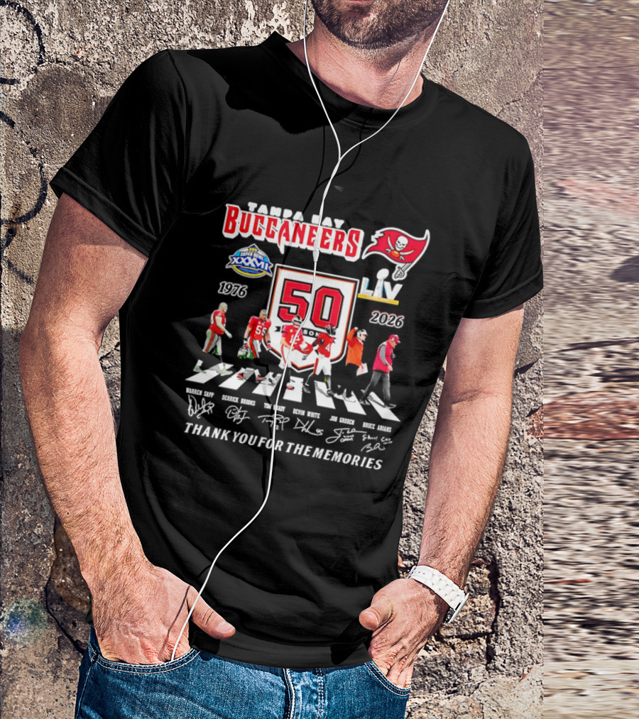 Tampa Bay Buccaneers 50th Anniversary Thank You For The Memories Warren Sapp Derrick Brooks Abbey Road Crosswalk 1976 2026 T-Shirt
