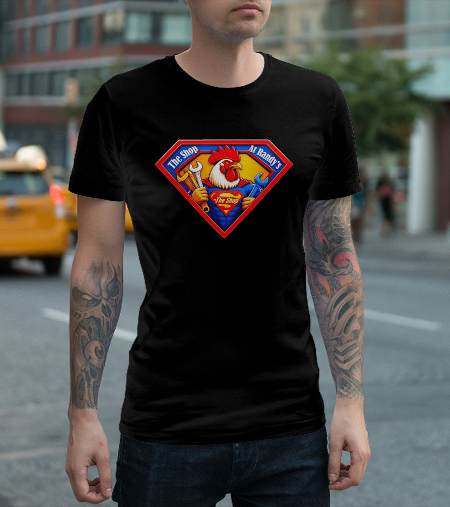 The Shop At Randy's Cartoon Rooster Superhero Wrenches Crest T-Shirt