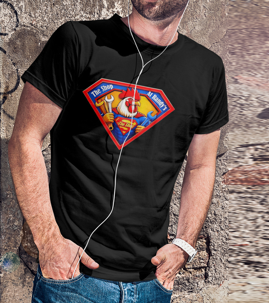 The Shop At Randy's Cartoon Rooster Superhero Wrenches Crest T-Shirt