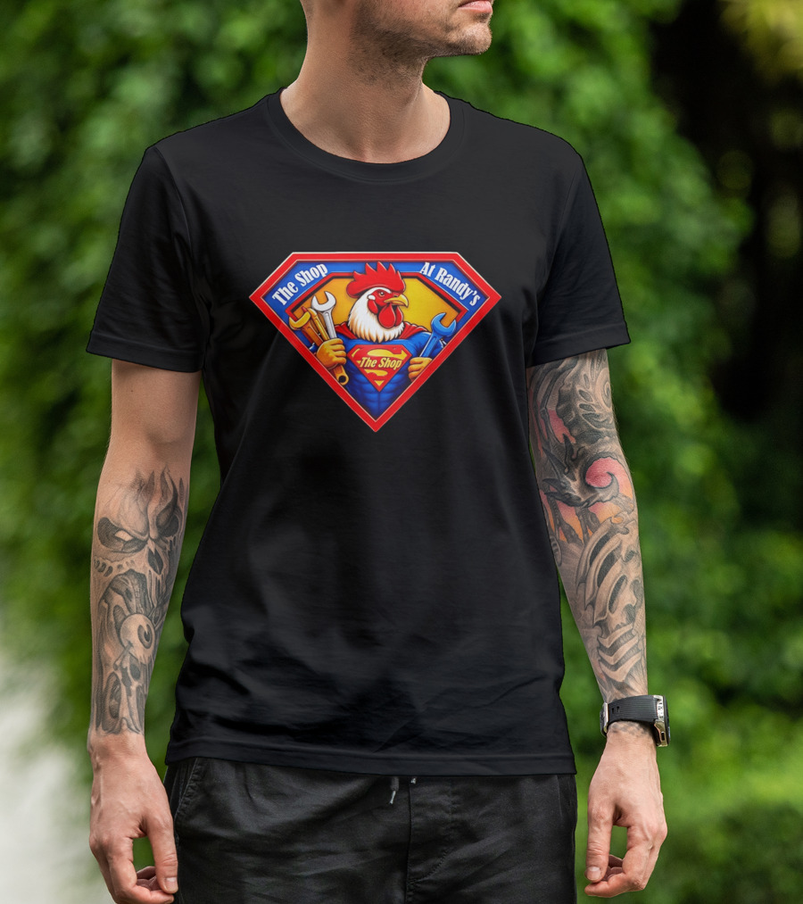 The Shop At Randy's Cartoon Rooster Superhero Wrenches Crest T-Shirt