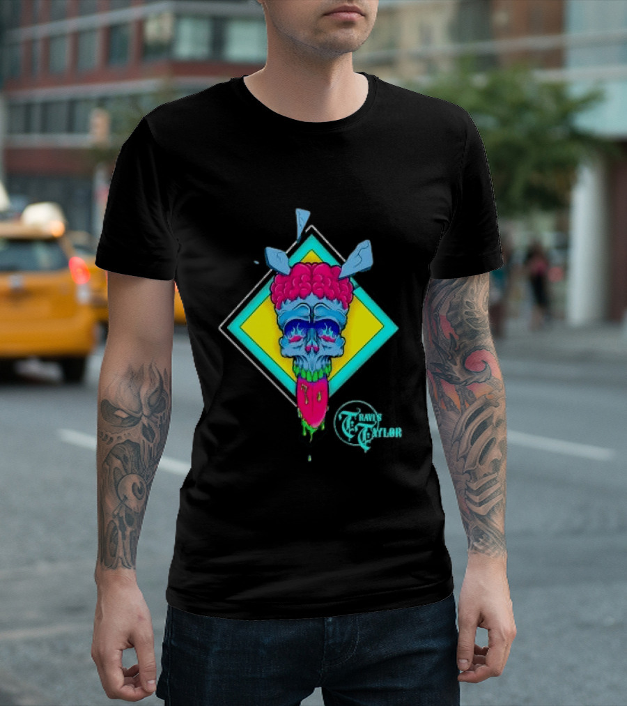 Travis Taylor Neon Skull Pink Brain Green Slime Tongue Diamond Geometric T-Shirt