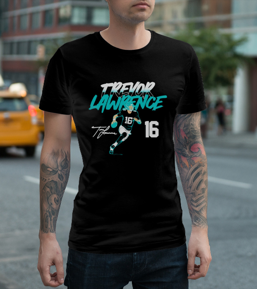 Trevor Lawrence No 16 Jaguars Signature Style Football 2026 T-Shirt