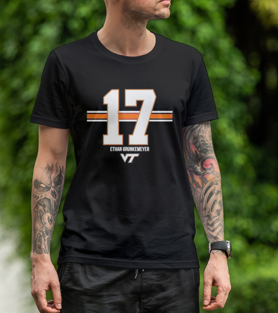 Virginia Tech Hokies Ethan Grunkemeyer 17 Horizontal Stripes T-Shirt