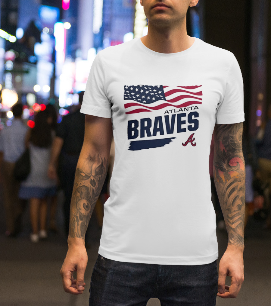 Atlanta Braves Waving American Flag Brushstroke MLB T-Shirt