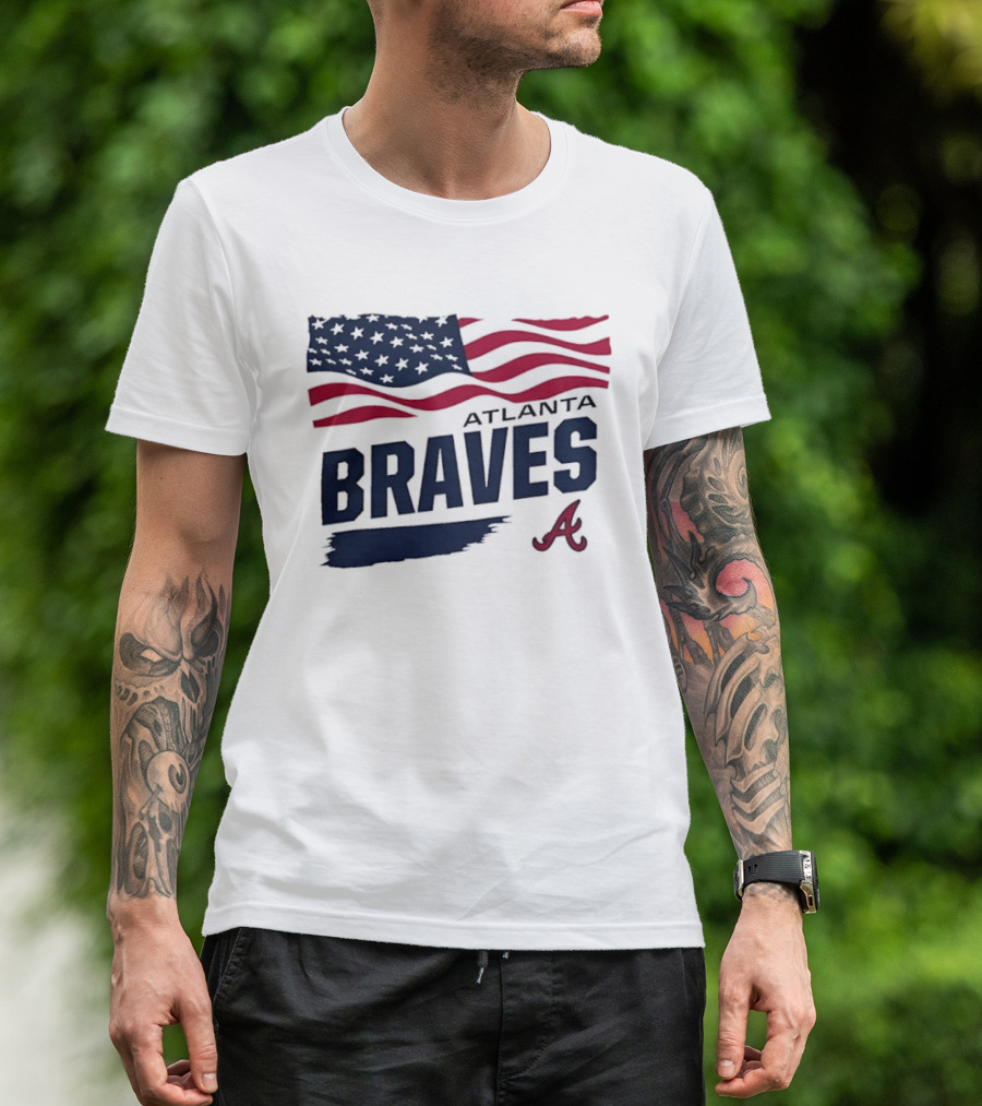 Atlanta Braves Waving American Flag Brushstroke MLB T-Shirt