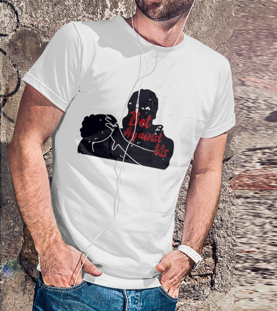 Bet Against Us Red Script Embracing Figures White Line T-Shirt