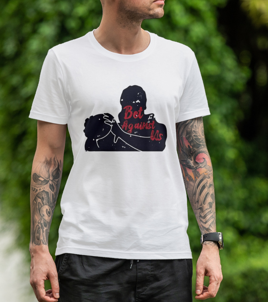 Bet Against Us Red Script Embracing Figures White Line T-Shirt