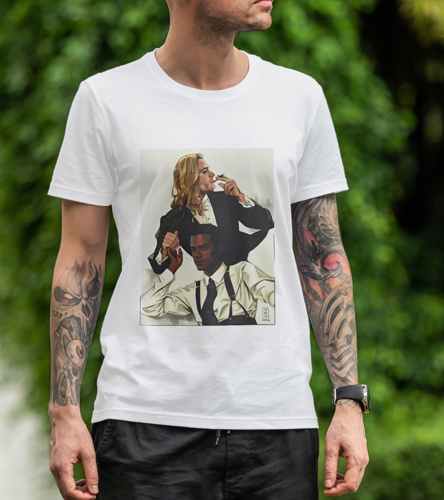 Blonde Tuxedo Smoking Dark Hair Suspenders Duo T-Shirt