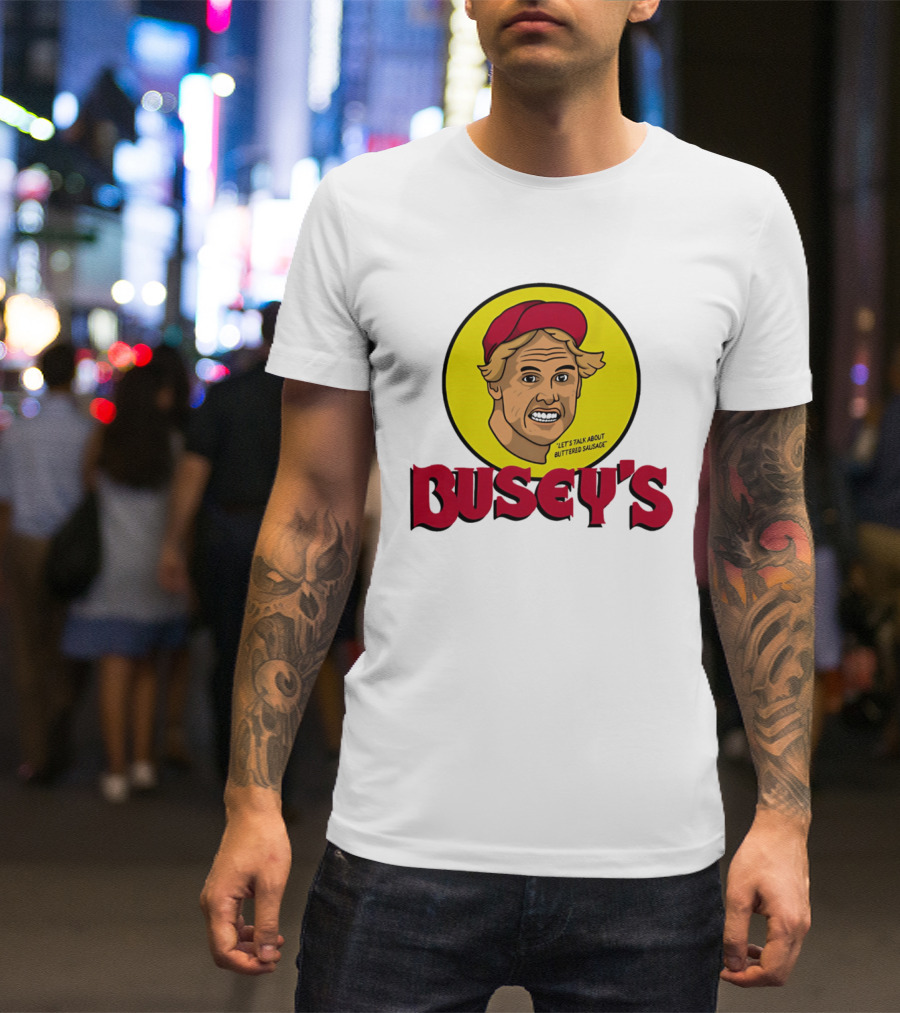Busey's Let's Talk About Buttered Sausage Gary Busey Red Cap T-Shirt
