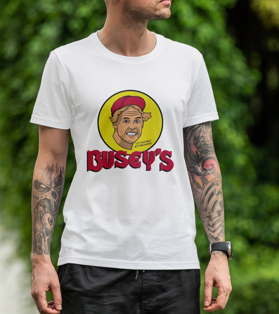 Busey's Let's Talk About Buttered Sausage Gary Busey Red Cap T-Shirt
