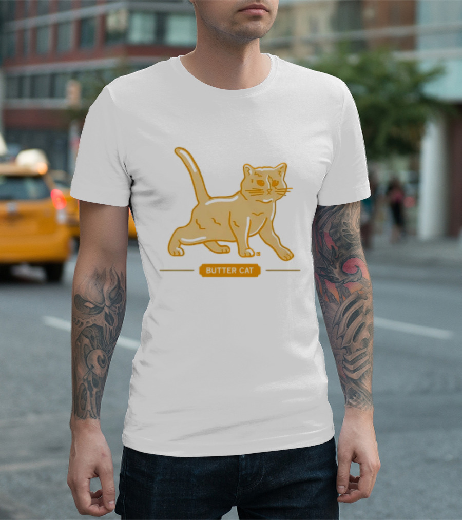 Butter Cat Yellow Orange Cartoon Walking Feline Line T-Shirt