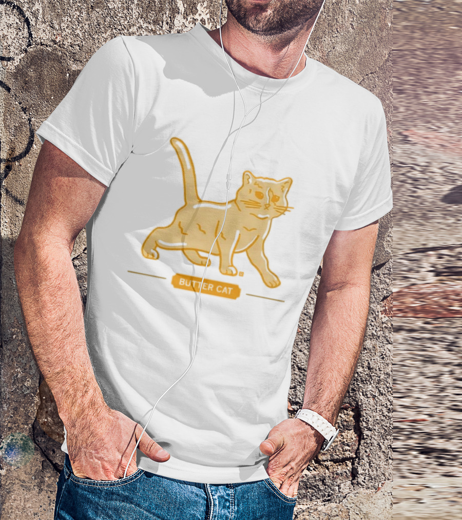 Butter Cat Yellow Orange Cartoon Walking Feline Line T-Shirt