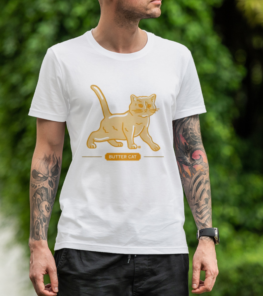 Butter Cat Yellow Orange Cartoon Walking Feline Line T-Shirt