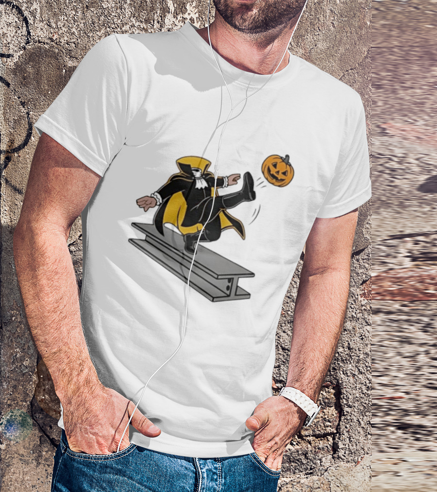 Cartoon Headless Horseman Kicking Jack O Lantern Pumpkin Steel Beam T-Shirt