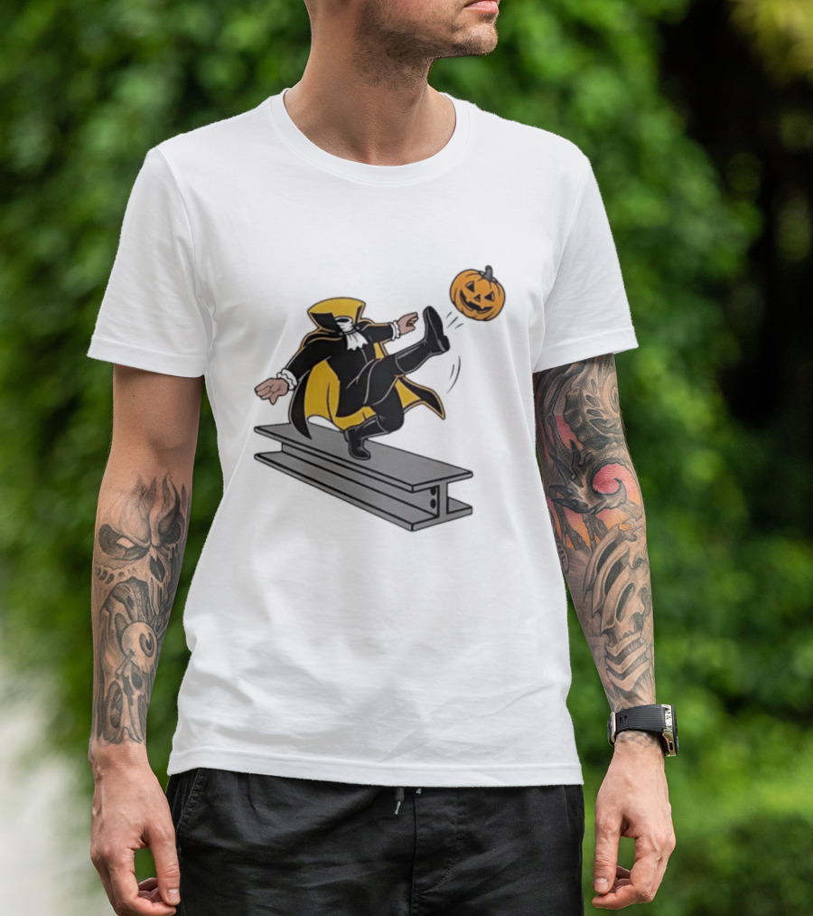 Cartoon Headless Horseman Kicking Jack O Lantern Pumpkin Steel Beam T-Shirt