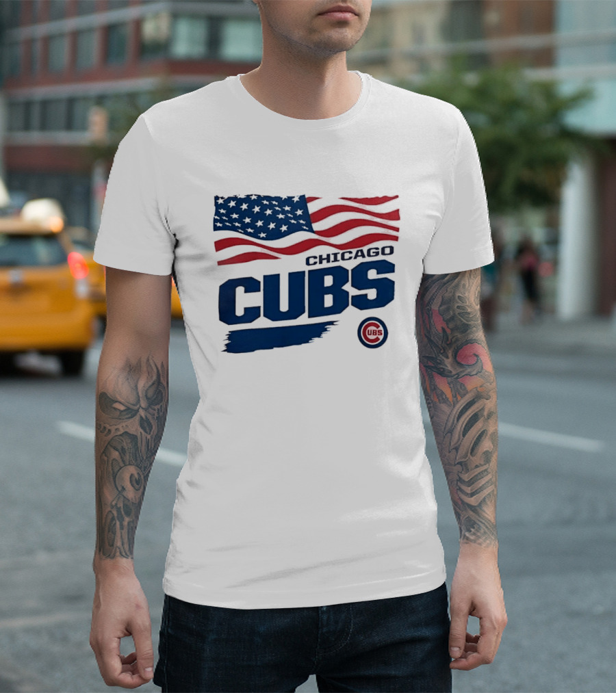 Chicago Cubs American Flag Waving Paint Brush Stroke MLB Cubs T-Shirt